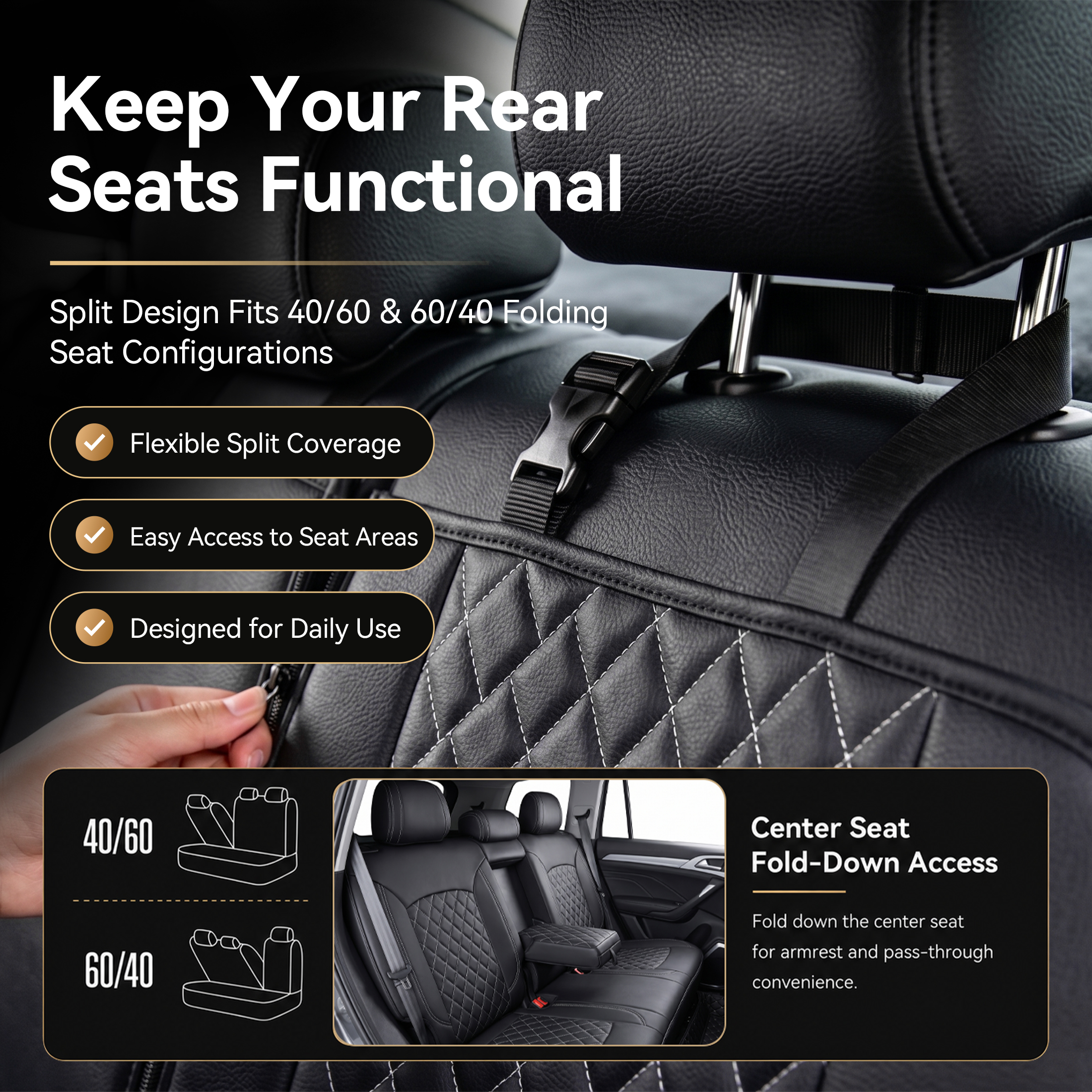FLORAY Waterproof PU Leather Full Set Car Seat Covers, Black, Airbag Compatible photo 3