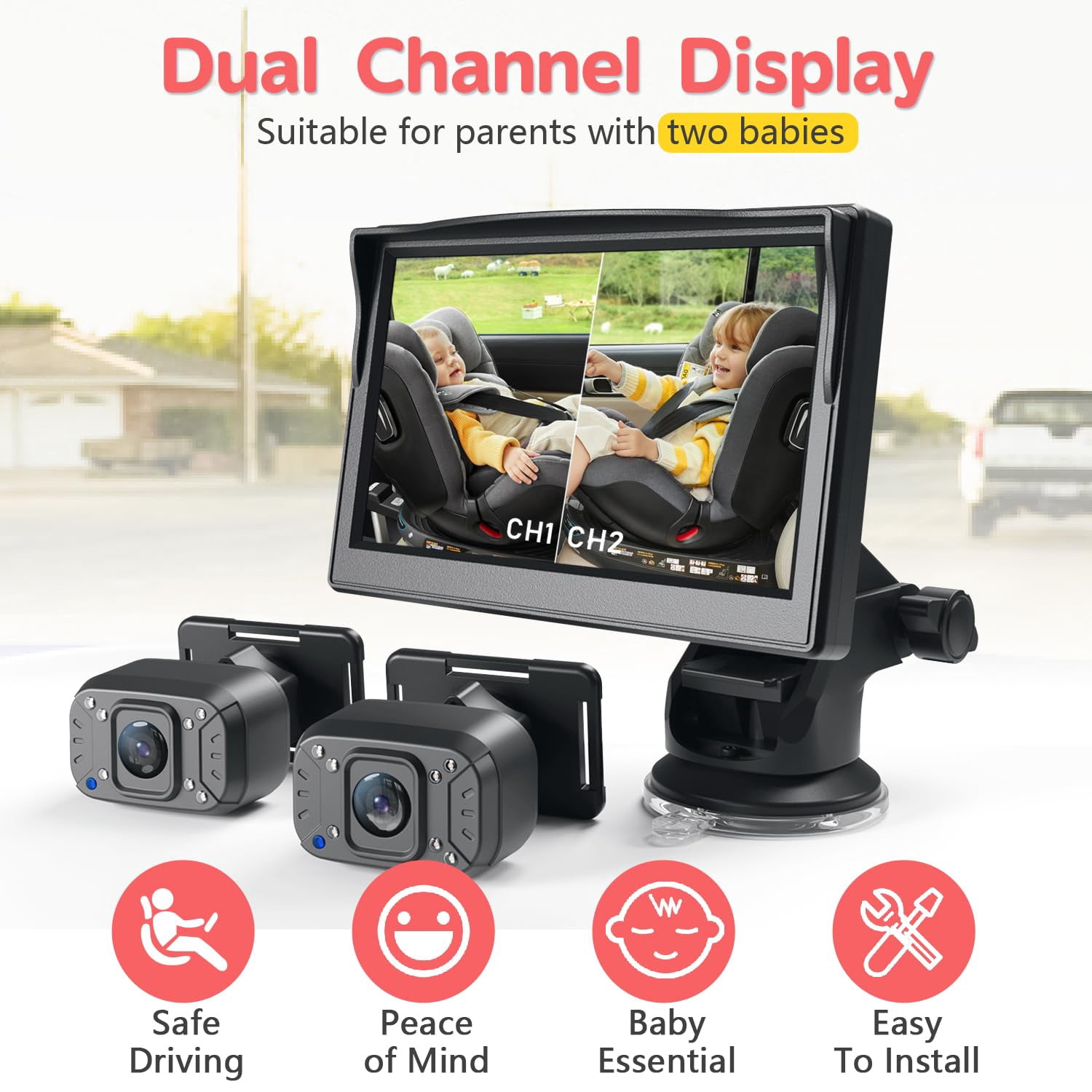 Baby Car Camera,Dual Channel 5''HD IPS Display with 2 IR Night Vision Monitor,Baby Car Mirror 1080P
