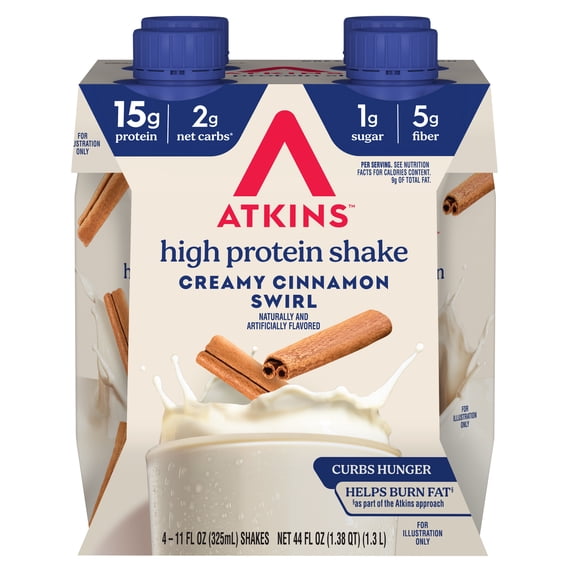 Atkins Protein Shake, Low Glycemic, High Protein, Creamy Cinnamon Swirl, 4 Count
