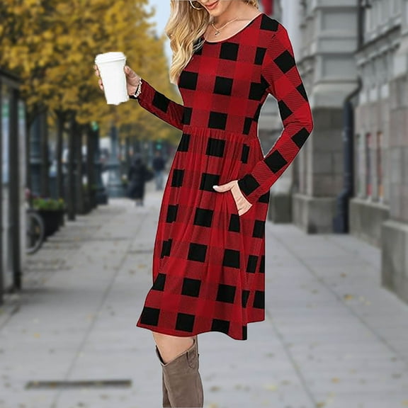 Kilaqueen Empire Waist Fall Dresses for Women Classic Plaid Long Sleeve Long Dresses with Pockets Crew Neck Loose Knee Length Vocation Outfits