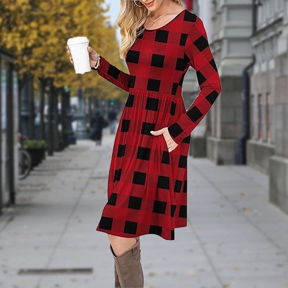 Taylonsss Women Casual Long Sleeve Dresses Empire Waist Knee Length Loose Dress with Pockets