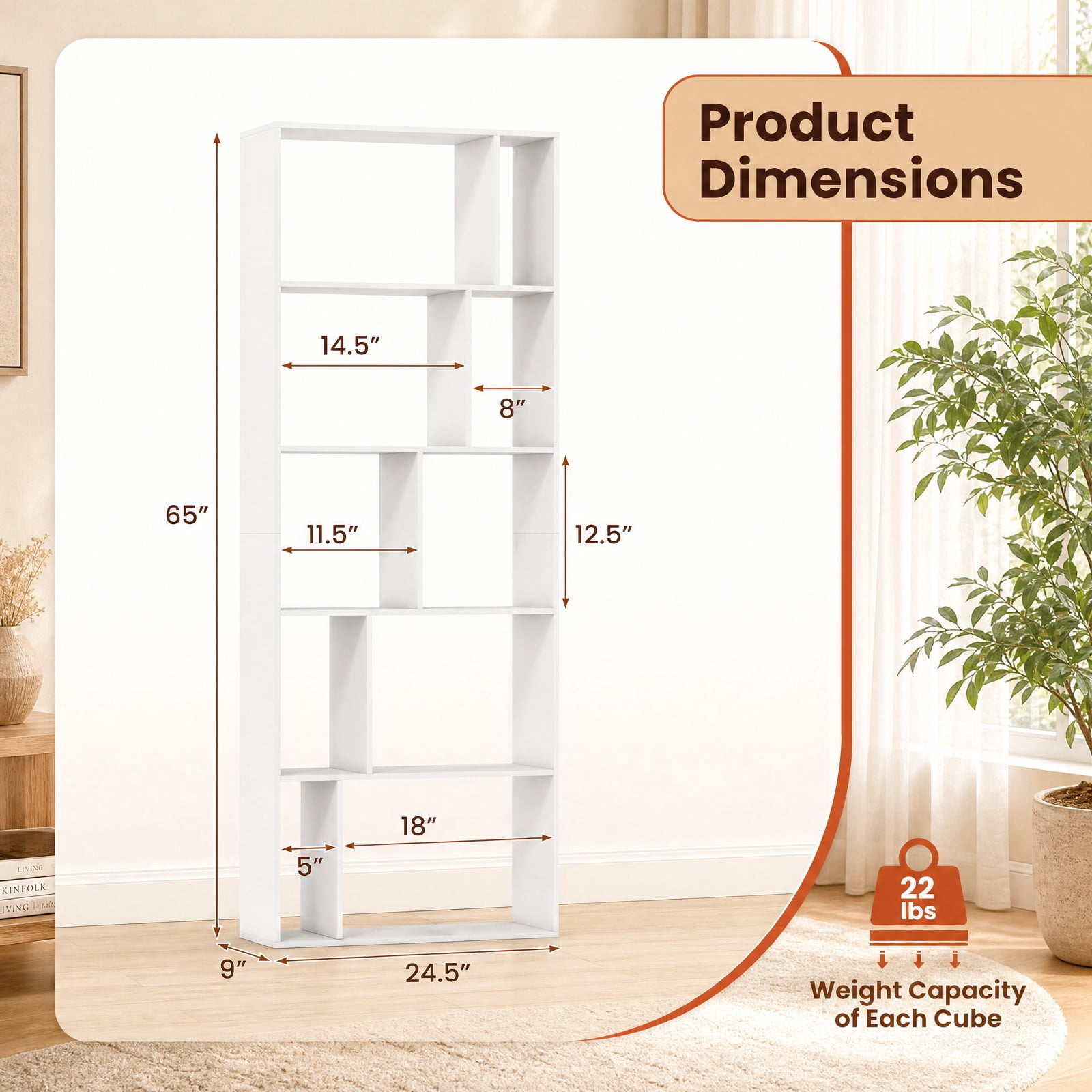 Furnibear 5-Tier Modern Bookshelf with Open Back and 2 Anti-Tipping Kits for Living Room Home Office Bedroom Display Storage Shelf, White
