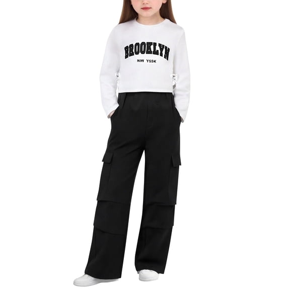 BFHHYA Girls 2 Piece Outfits Letter Printed Long Sleeve T-Shirts Fashion Cargo Pants Clothes Outfits for Girl Size 6-15 Years