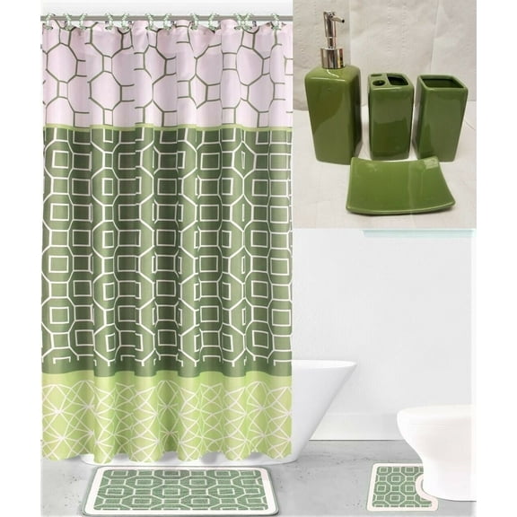 Complete 19 pc Bathroom Set Diamond Green White Washable Rubber Backing Anti Slip Includes 2 Bath Rug/Mat   1 Shower Curtain   12 pc Rings Covered   4 Accesories Ceramic