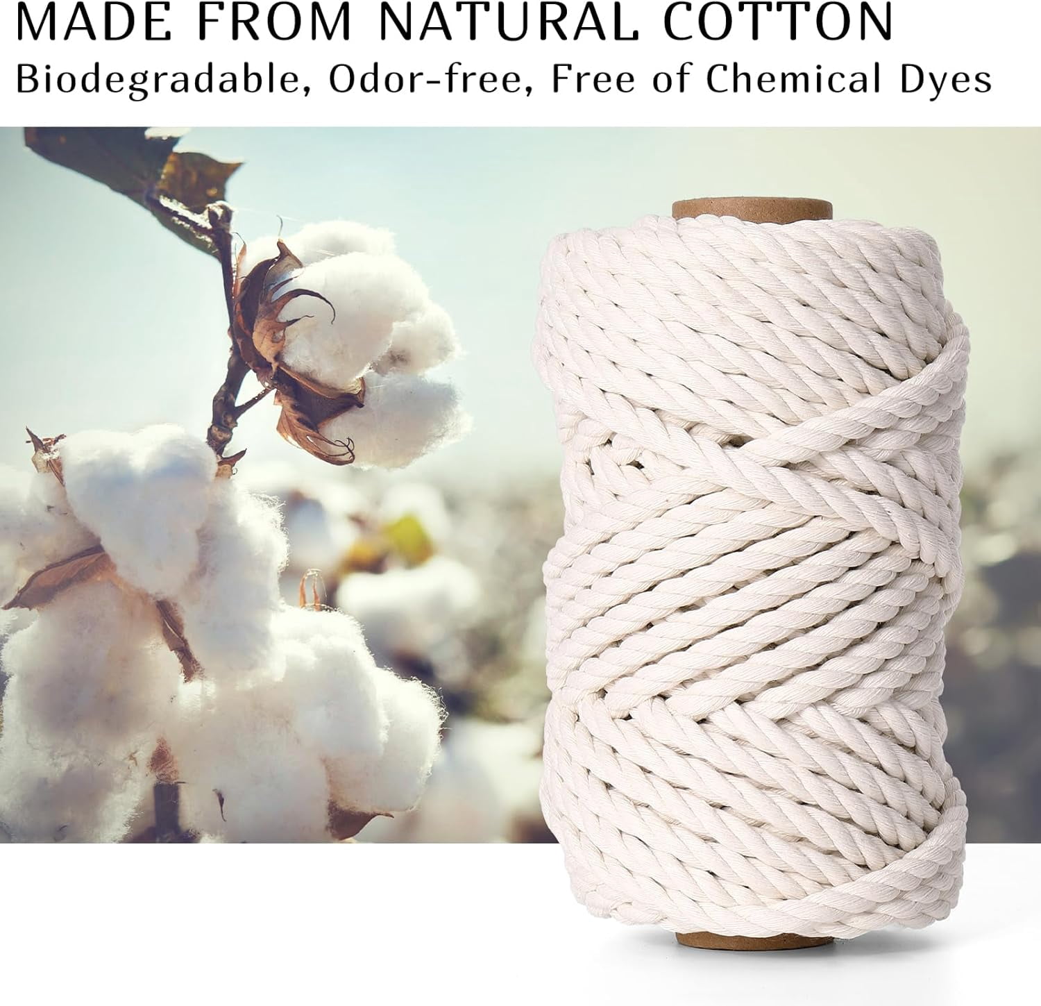 Macrame Cord 8mm X 33yards, Natural Cotton Macrame Rope - 4 Strands Twisted Macrame Cotton Cord for Wall Hanging, Plant Hangers, Crafts, Gift Wrapping and Wedding Decorations (8mmX33yd)