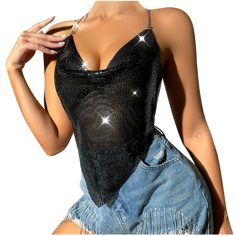 Honeeladyy Womens Shiny Rhinestone Backless Halter Crop Top Chain