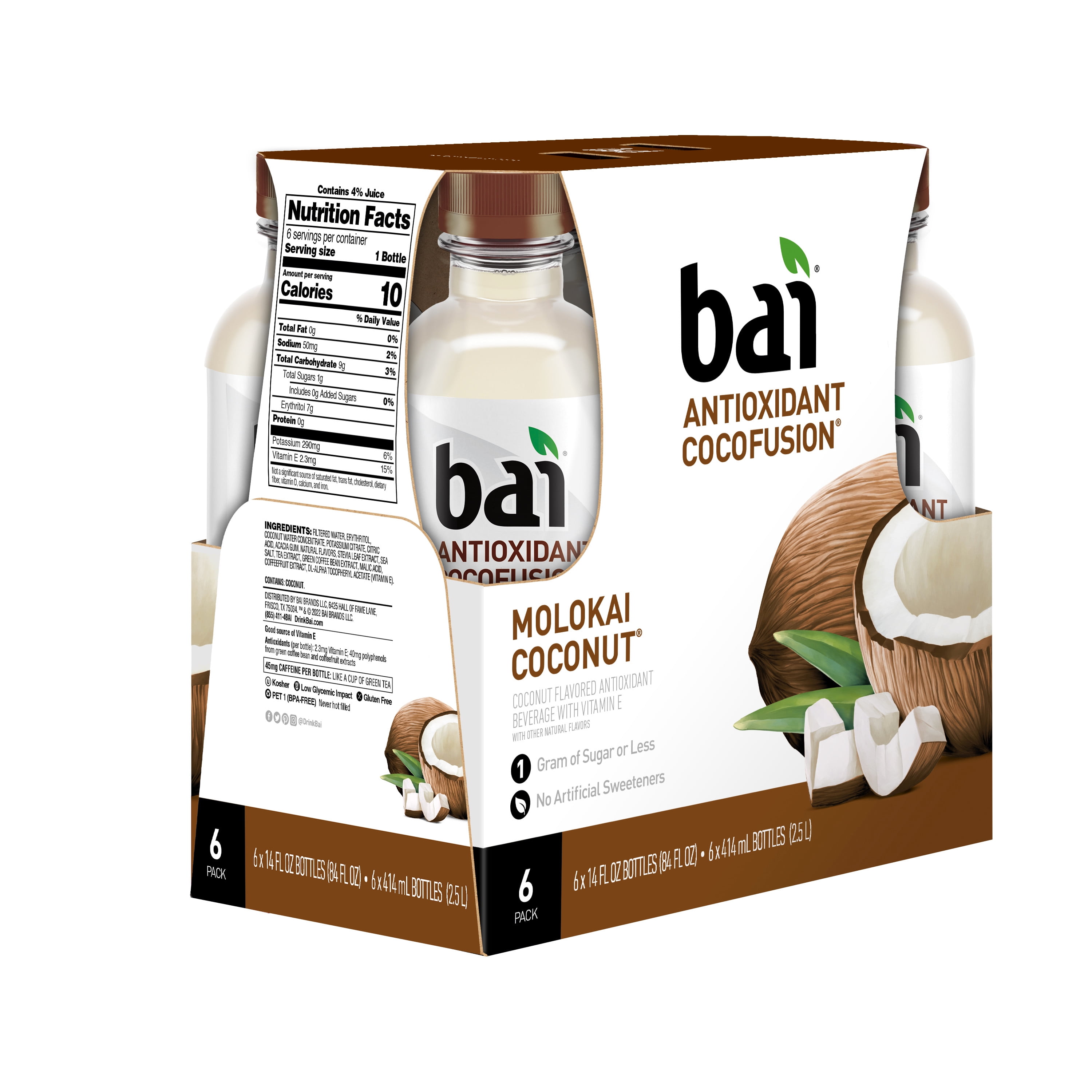 Bai Cocofusions Molokai Coconut, Antioxidant Infused Flavored Water, 14 fl oz, 6 Bottles