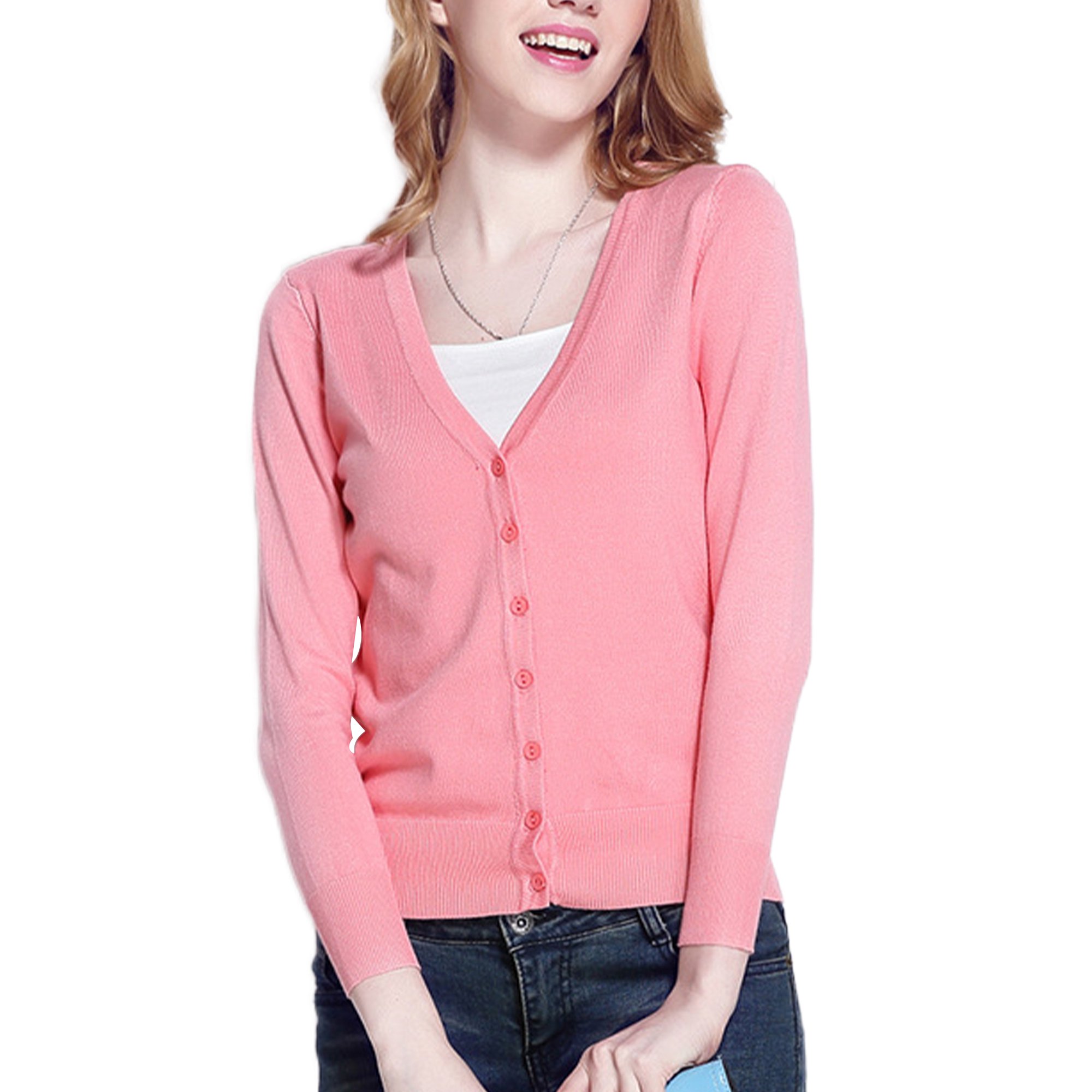Glookwis Ladies Outwear Solid Color Cardigan Sweater V Neck Coat Fall Plain  Jacket Long Sleeve Pink L - Walmart.com