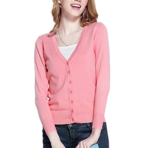 Daeful Ladies Outwear V Neck Coat Fall Solid Color Loose Cardigan Sweater Pink L