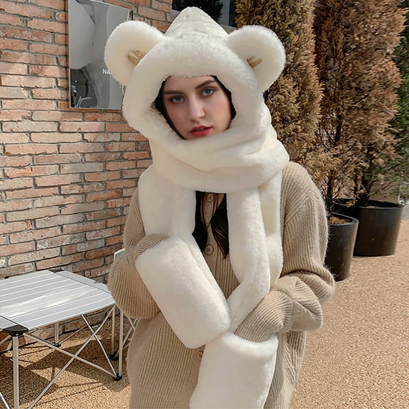 Winter White Women Woolen Three In One Hooded Cap Earflap Hat Long Scarf Gloves Set Thermal Plush Pocket Windproof Bear Themed