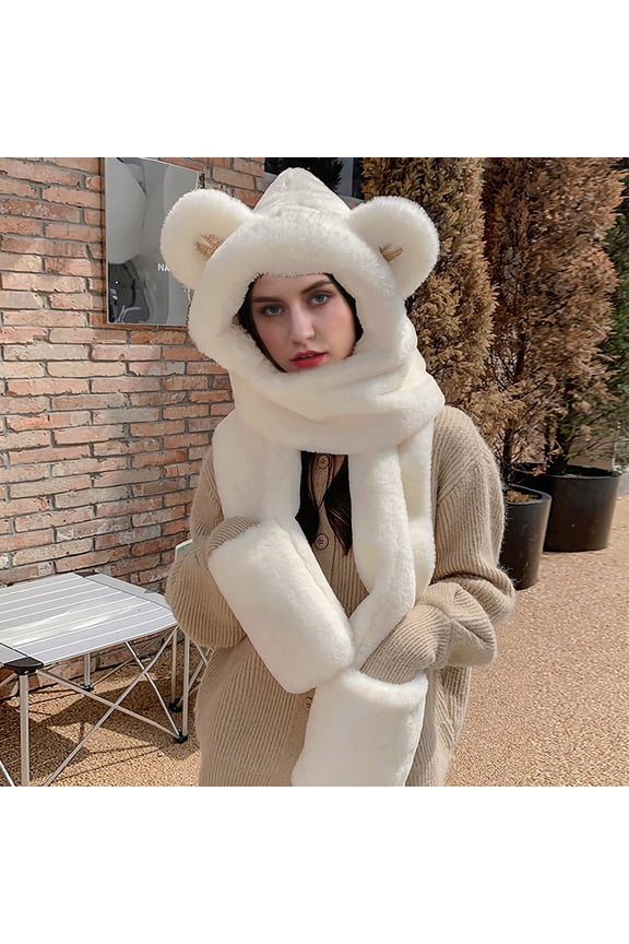 Women Woolen Three In Hooded Cap Earflap Hat Long Scarf Set Winter Thermal Earflap Hat Scarf Pocket Set Windproof Bear Themed Set Thermal Retention Hat for Men