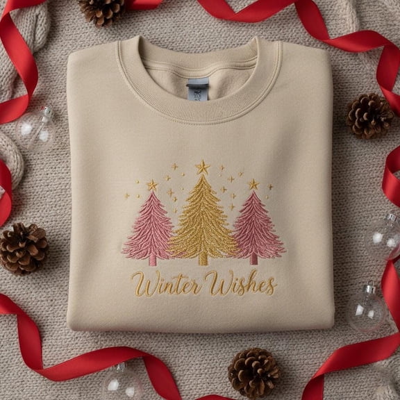 Embroidered Winter Wishes Sweatshirt, Gold Pink Christmas Tree Crewneck, Holiday Season Sweater, Aesthetic Winter Gift, Minimalist Xmas Tee