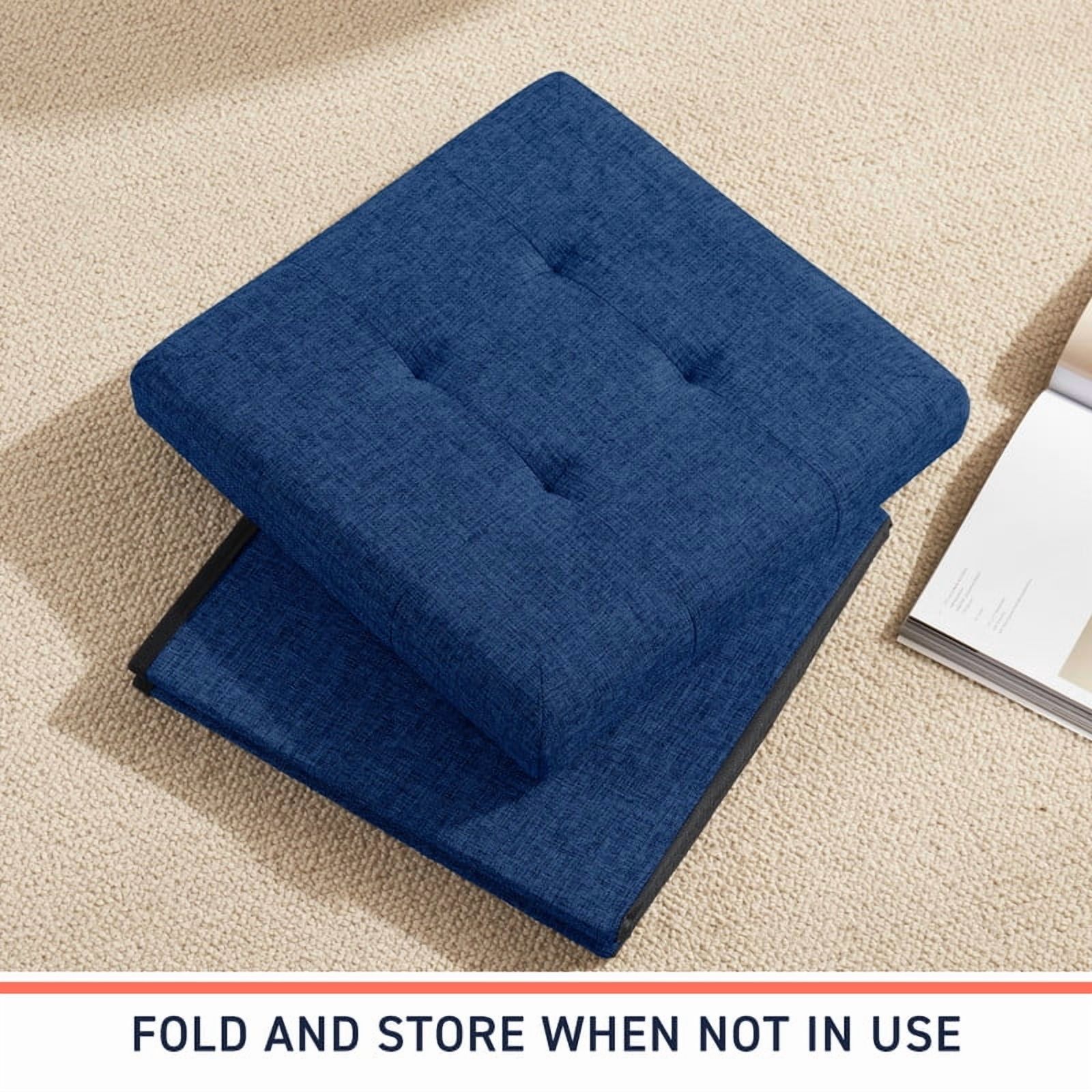 Ornavo Home 2 Pack 15 Inch Folding Storage Ottoman with Storage, Square Cube Linen Small Storage Ottoman Foot Rest Stool - Navy Blue
