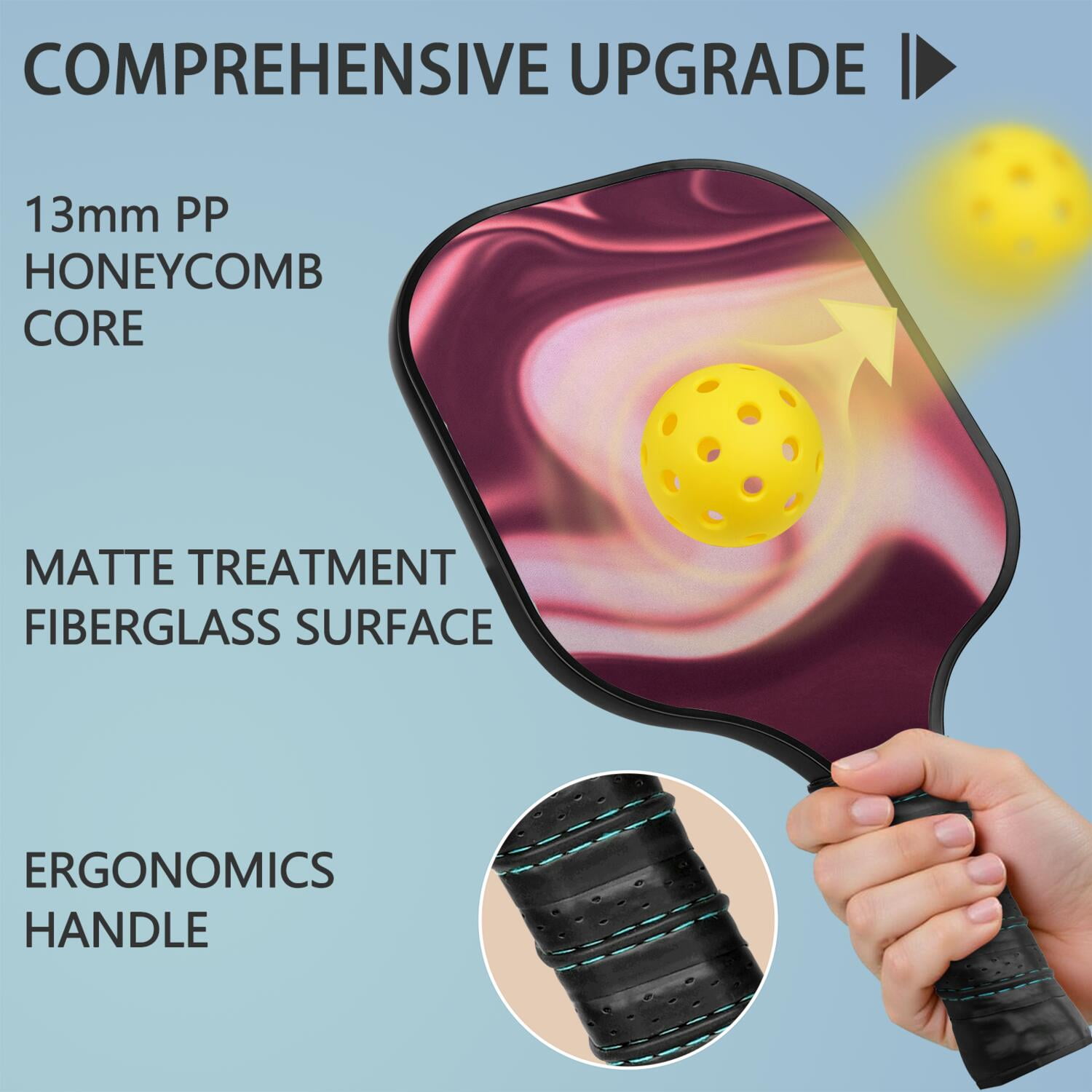 Pickleball Paddles Set Of 1, Fiberglass Surface, Fluid Smoke Aurora Art Style, 1 Paddle, 2 Balls & Bag