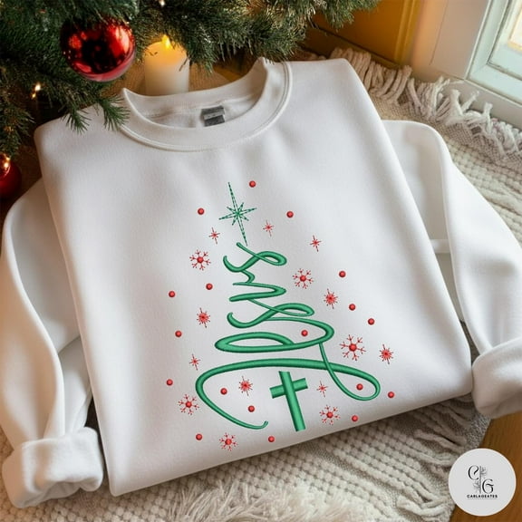 Jesus Cross Christmas Tree Embroidery Sweatshirt, Merry Christmas Embroidery Shirt, Faith Embroidery Shirt, Religious Holiday Pullover