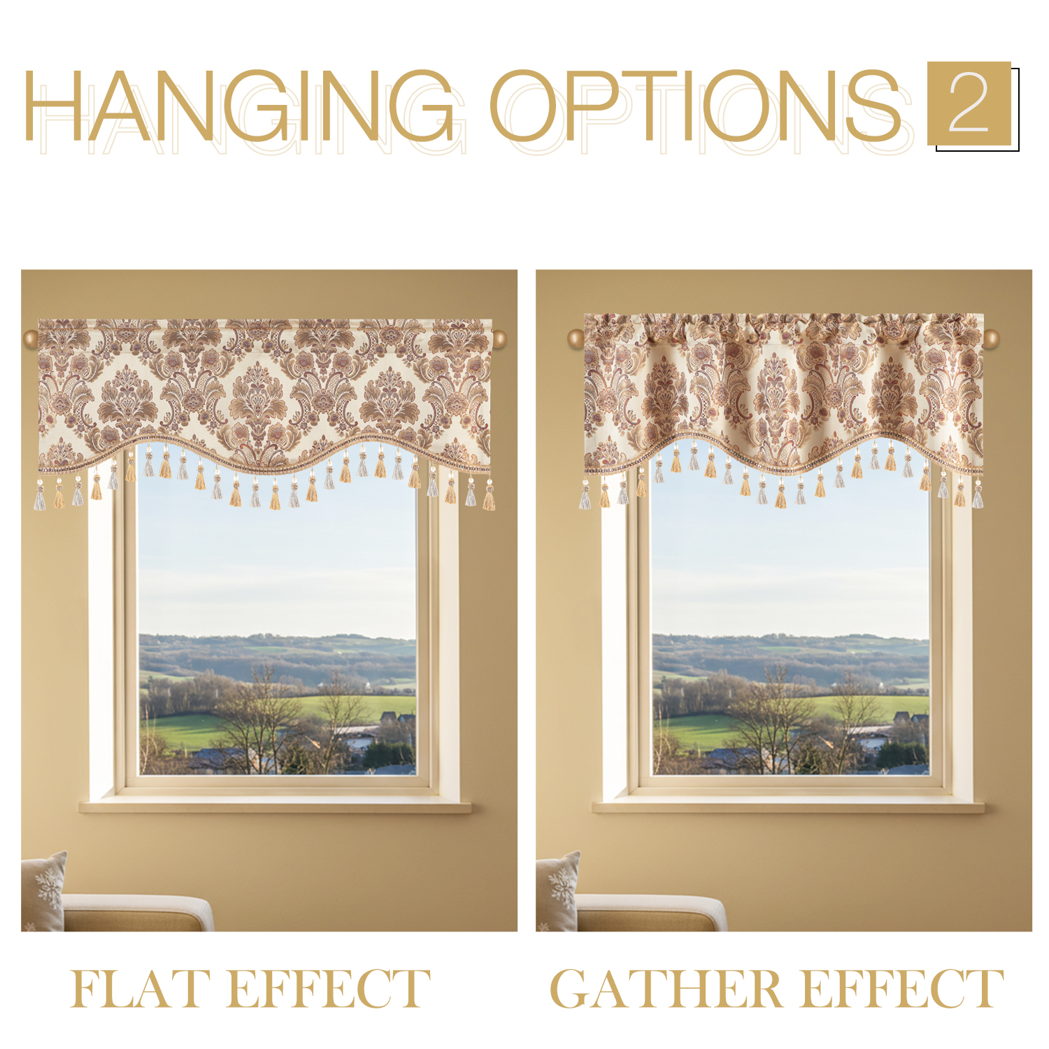 VOGOL Beige Damask Jacquard Valance with Beads and Tassels, 52x18 inch Rod Pocket Window Valance, Elegant Classic Style for Kitchen or Living Room