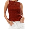 thumbnail image 3 of Women Shirred Tank Top Ruffle Sleeveless Tanks Frill Smocked Crew Neck Tops Brown S, 3 of 6