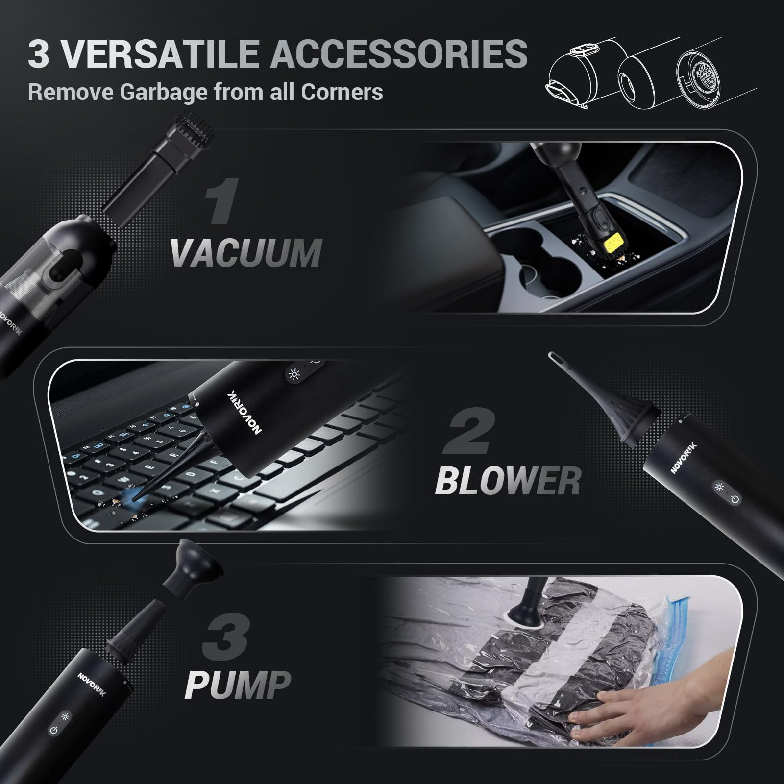 NOVORIK Cordless Handheld Vacuum Cleaner 15000Pa, Portable Car Vacuum with HEPA Filter, Rechargeable Mini Vacuum for Car, Home, Pet Hair, Wet Dry Cleaning, Blower & Inflator
