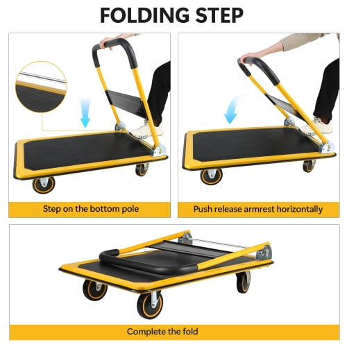 POWANLI Foldable Platform Truck, Push Dolly 660 LBS Weight Capacity, 360 Rolling, Folding Hand Truck for Luggage, Travel, Office, House (Yellow & Black) (35.4" x 24" x 34.6")
