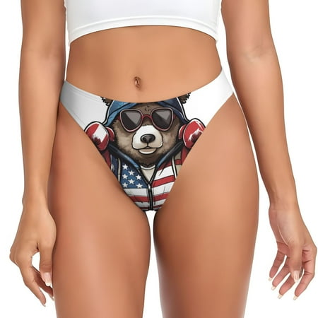 Qokaie Patriotic Boxing Bear Art Printed Women s Cotton Thong Underwear  Sexy Breathable Panties G-string-XX-Large