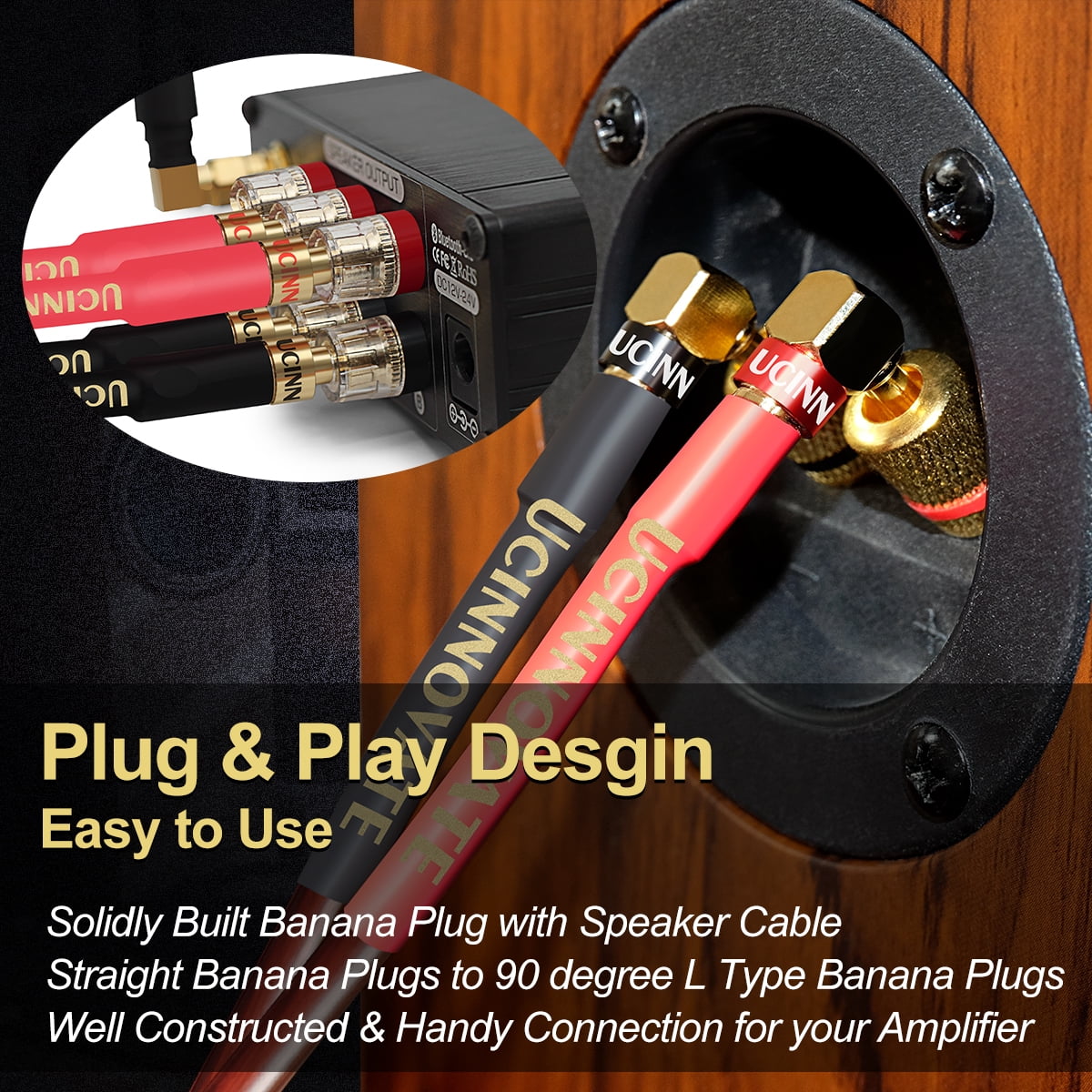 UCINNOVATE 14 AWG Speaker Wire with Banana Plugs, 2X 3m HiFi OFC Speaker Cable with Gold-Plated Right Angle to Banana Plugs Audio Cord for Audiophile (9.8FT)