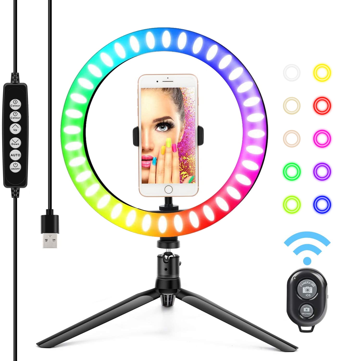 Photography Vlog/YouTube Video 6 RGB Selfie Ring Light with Two Table Tripod Stand 10 RGB Colors Dimmable LED Ring Light with Wireless Remote Control for Makeup Live Stream 