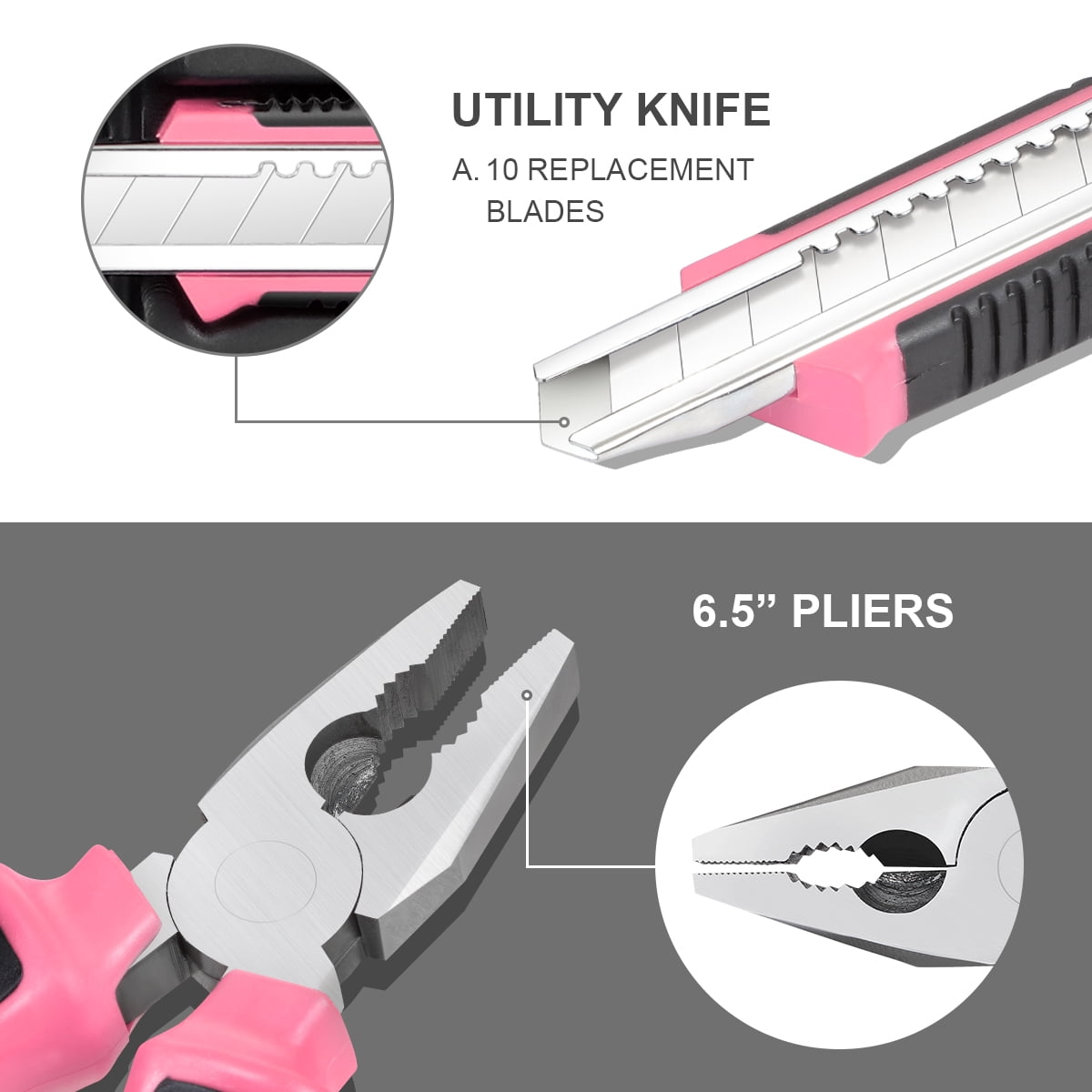 DNA Motoring TOOLS-00014 Pink 46 PCs Home Tool Set Electonic Repair Precision Screwdriver Voltage Tester Hammer Plier DIY Kit