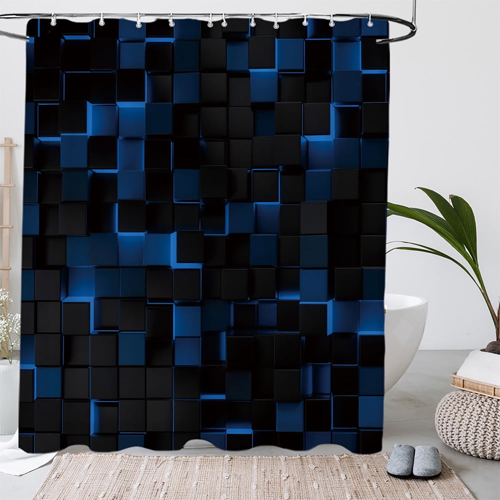 4pcs Modern Blue and Black 3D Cube Shower Curtain Set for Bathroom