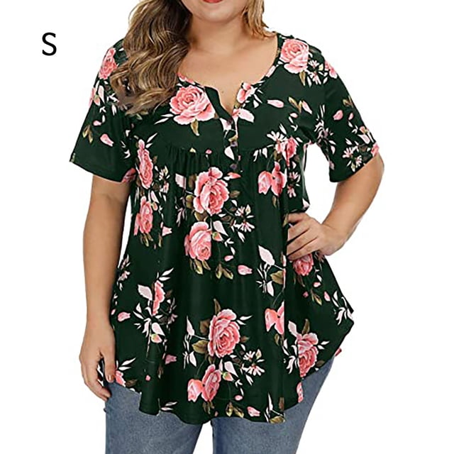 Camisa de mujer Camiseta de manga corta con estampado floral Blusa con cuello en V, Verde militar, S Scienceny AP002466-41