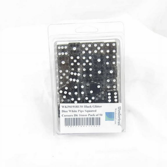 Black Glitter Dice with White Pips Squared Corners D6 16mm (5/8in) Pack of 50 Wondertrail