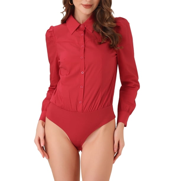 Camiseta Leotardo INSPIRE CHIC para Mujer, Casual de Negocios con Cuello, Botones, Manga Larga, Body Top XS Rojo