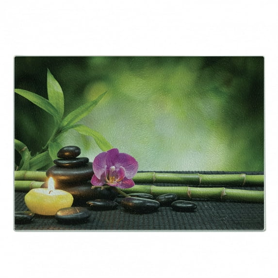 Spa Cutting Board, Orchid Bamboo Stems Stones Japanese Alternative Feng Shui Elements, Decorative Tempered Glass Cutting and Serving Board, Small Size, Apple Green Fuchsia, by Ambesonne