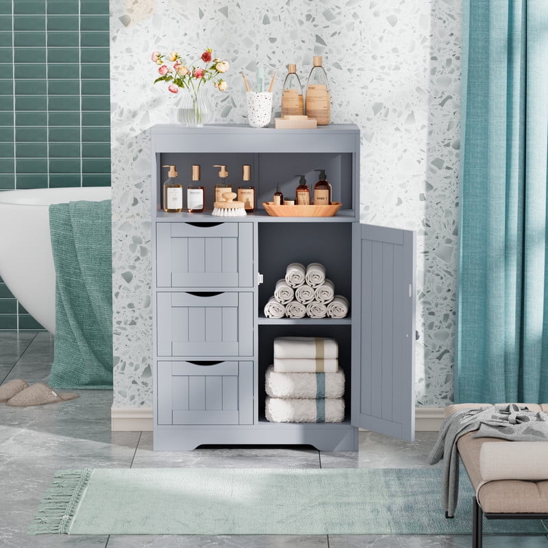 Lacoo Bathroom Floor Cabinet Wooden Storage Organizer with 1 Door, 3 Drawers & Adjustable Shelf Storage Cabinet for Kitchen Living Room Bathroom, Gray