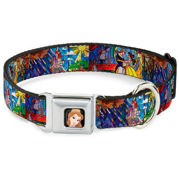 Disney Pet Collar, Dog Collar Metal Seatbelt Buckle, Beauty the Beast Stained Glass Scenes, 9.5 to 13 Inches 1.0 Inch Wide