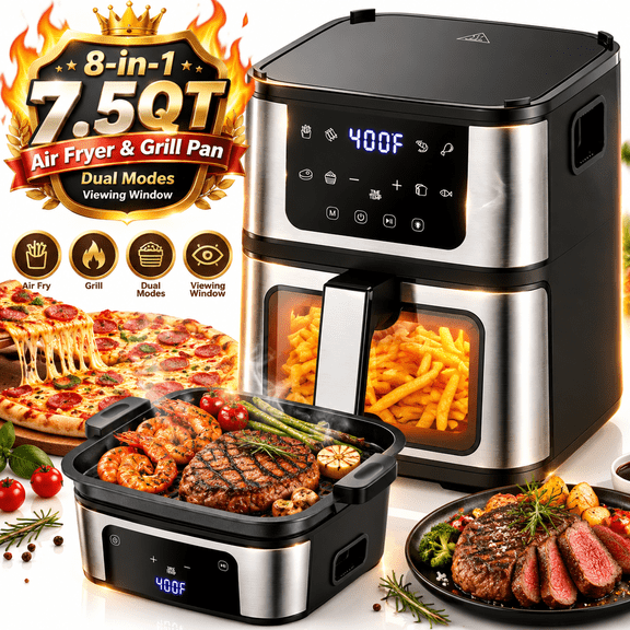 7.5QT Large Air Fryer Oven for 2-7 People, 1450W Powerful Heating, 360° Rapid Air Technology, 8-in-1 Cooking Presets, LED Touch Screen, Nonstick Dishwasher-Safe Basket, 100 Free Paper Liners