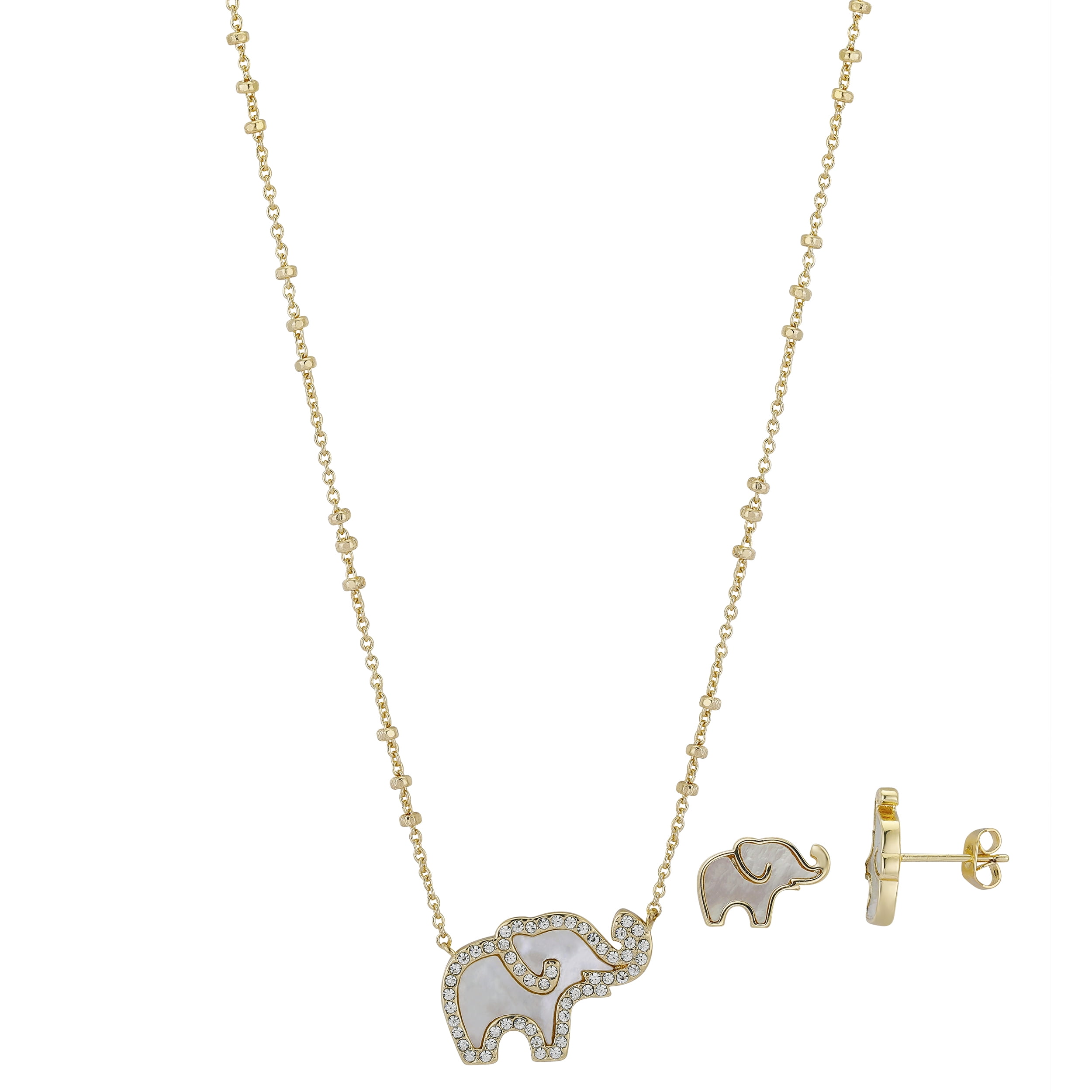 14Kt Gold Flash Plated Cubic Zirconia Elephant Pendant and Earring Set, 18+2'