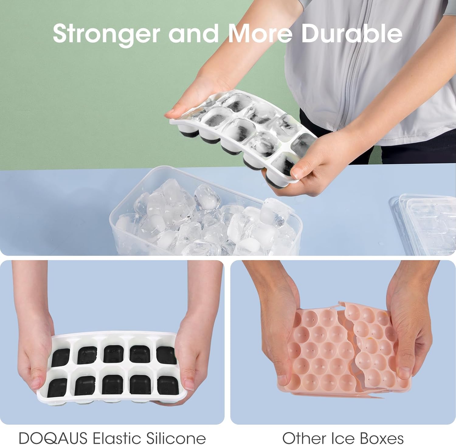 Senya Ice Cube Tray with Lid and Bin, 4 Pack Stackable Ice Tray with Storage Ice Bucket Kits, Ice Scoop