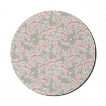 Floral Mouse Pad for Computers, Sketch of Repetitive Colored Poppy Flowers with Greyscale Leaves Art Print, Round Non-Slip Thick Rubber Modern Mousepad, 8" Round, Pale Taupe and Rose, by Ambesonne