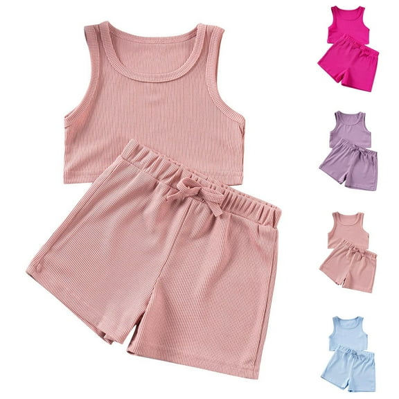 Hrsba Girls 2 Piece Outfits Summer Solid Color Sleeveless Crew Neck Tank Top Elastic Waist Shorts Casual Fashion Matching Set