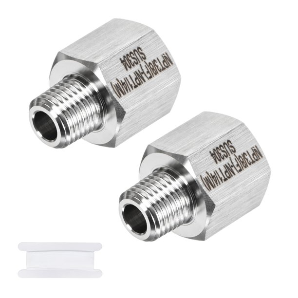Adaptador de manguera de jardín Uxcell de 2 piezas, conector roscado de acero inoxidable 3/8" NPT hembra x 1/4" NPT macho con cinta de sellado