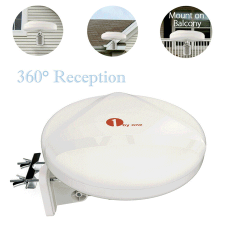 1byone 60 Miles TV Antenna, Amplified Antenna with Omni-directional 360 Degree Reception, Indoor/Attic/Outdoor Antenna for FM/VHF/UHF, Tools-free Installation, Anti-UV Coating-White for RV, Boat,