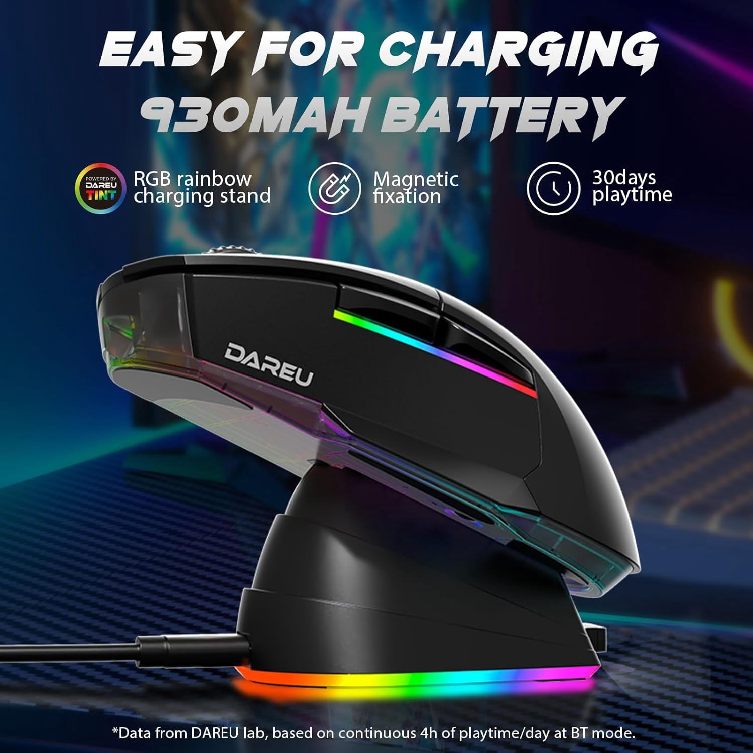 DAREU A955 Lightweight Wireless Gaming Mouse with RGB Charging Dock: Tri-Mode 2.4G/USB-C/BT Mouse Up to 12K DPI Optical Sensor -KBS II Buttons Fully Programmable- 120 Hr Battery