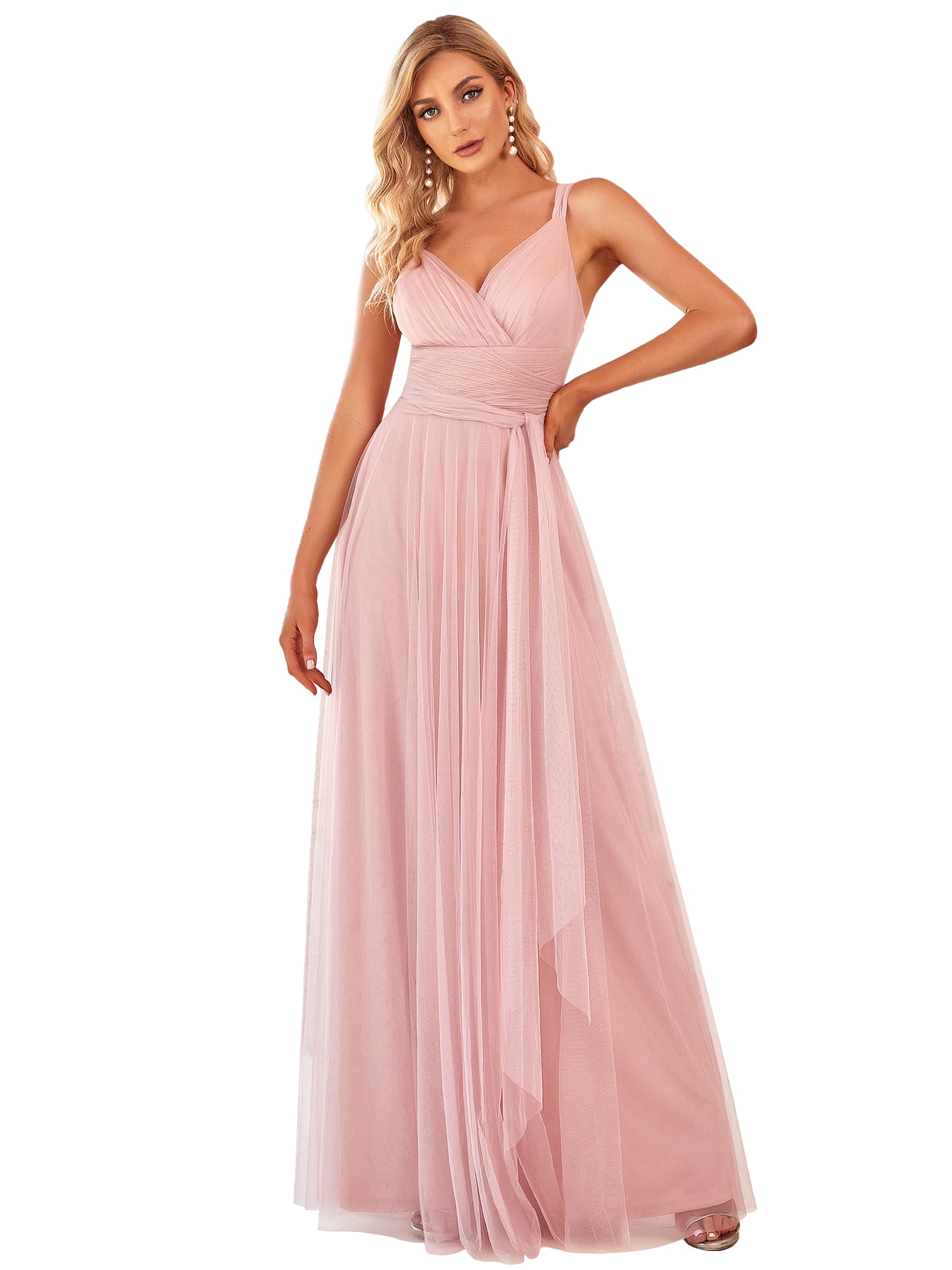 Women Pink Lace Cap Sleeve Evening Gown Bridesmaid A-Line Chiffon Dress S,M,L,XL 