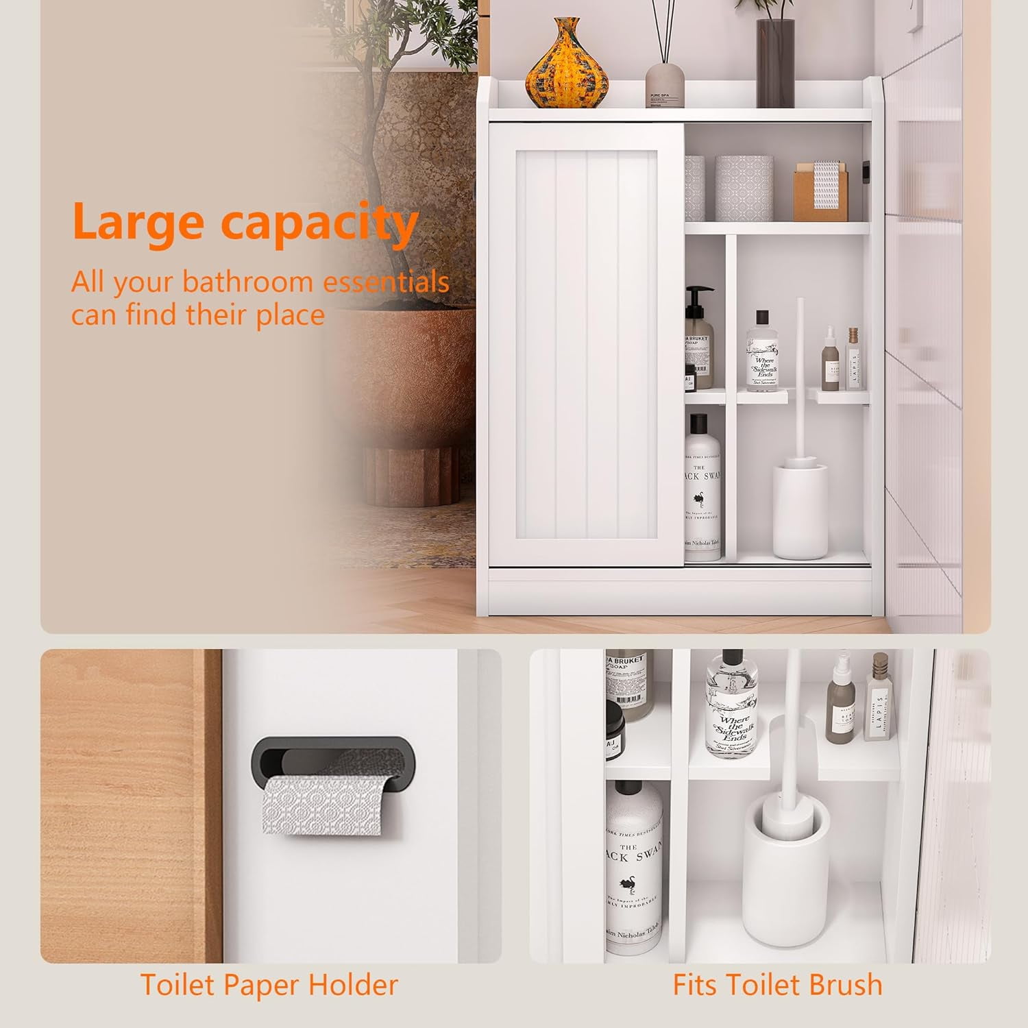 KZElegy Bathroom Cabinets Freestanding  Bathroom Storage Cabinets,Toilet Cabinets for Bathroom with Sliding Door and Toilet Paper Holder,Anti-Tilt Design,White,23in