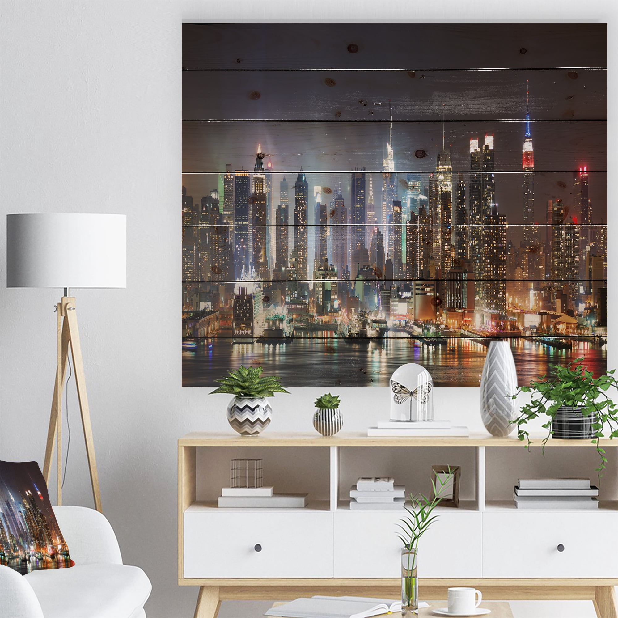 Designart 'Lit NYC Manhattan Skyline ' Cityscape Print on Natural Pine Wood