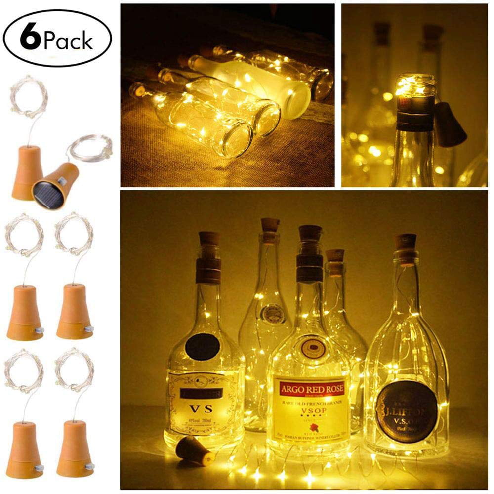 6 Pack Solar Powered Wine Bottle Lights 10 LED Waterproof Warm White Cork Shaped 