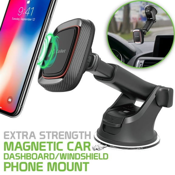 Cellet Magnetic Cell Phone Car Holder, Mount on Dashboard / Windshield, Industrial-Strength Suction Cup Mount with Adjustable Telescopic Arm, 6 Strong Magnets