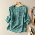 thumbnail image 2 of Women's Fashion Casual Five Cotton Linen V Neck Top Summer Embroidery Loose T Shirt Top, 2 of 2