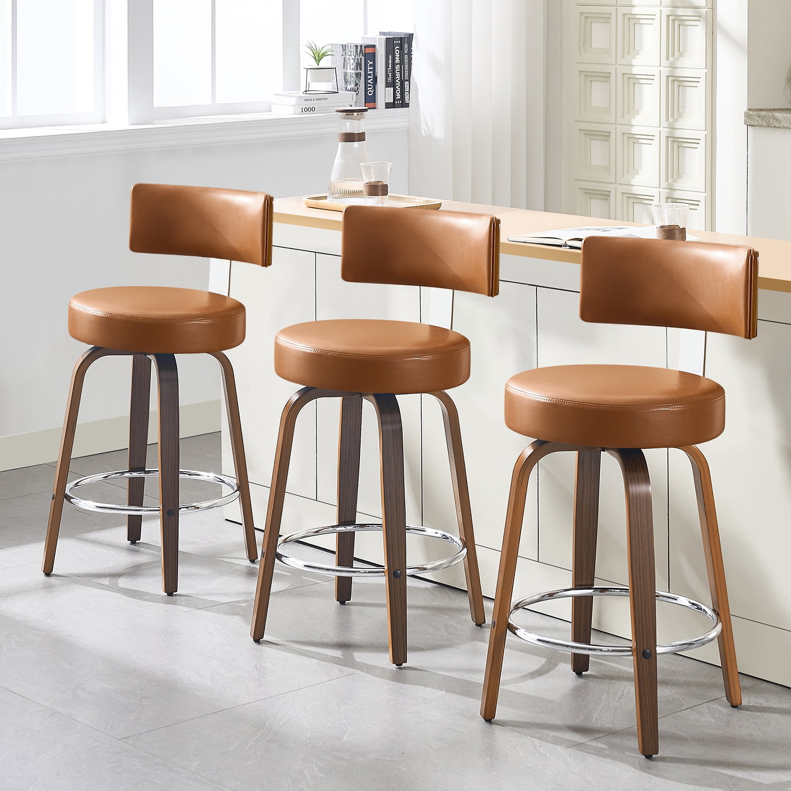 WOOW DEPOT PU Swivel Bar Stools Set of 2, 26" Seat Height Modern Upholstered Bar Chairs w/ Mid-back Round Seat Walnut Legs Leather Island Stools for Kitchen Counter