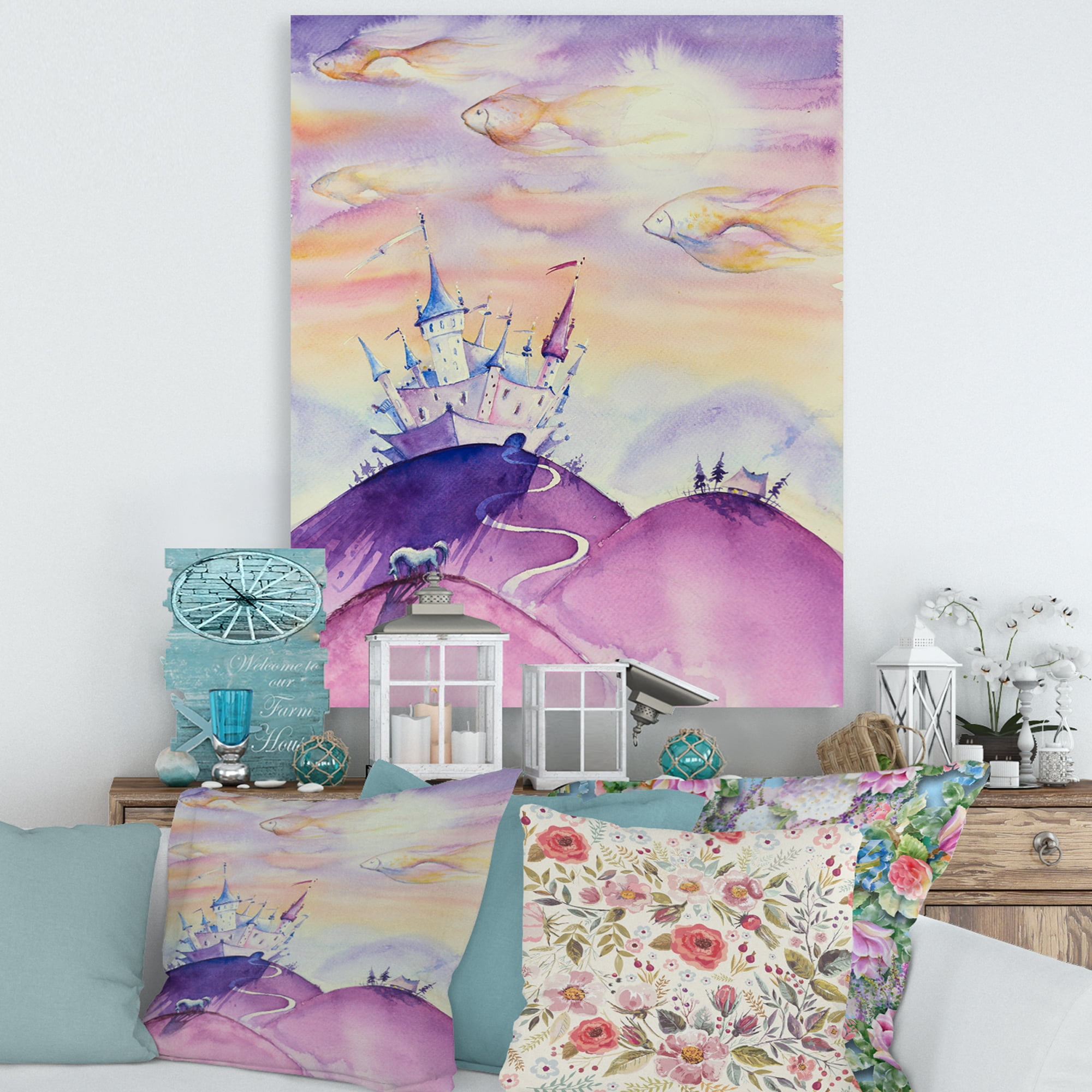 Fairy Tale Kingdom Palace On Purple Mountain Top 16 in x 32 in Painting Canvas Art Print, by Designart